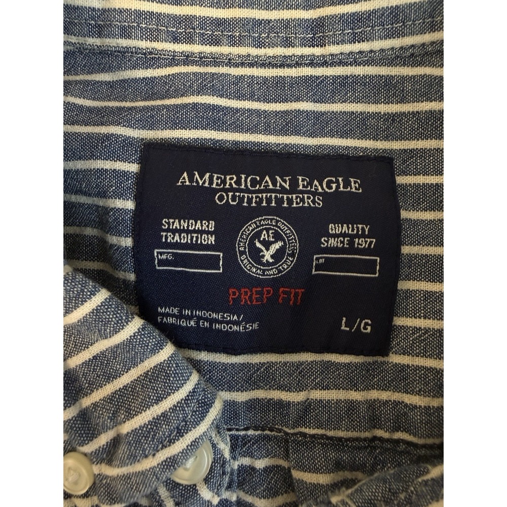 American Eagle Prep Fit Shirt Men's Large Blue White Striped Button Down Cotton - Picture 4 of 10